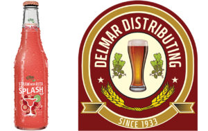 Delmar Distributing Logo with Strawberry Splash Bottle
