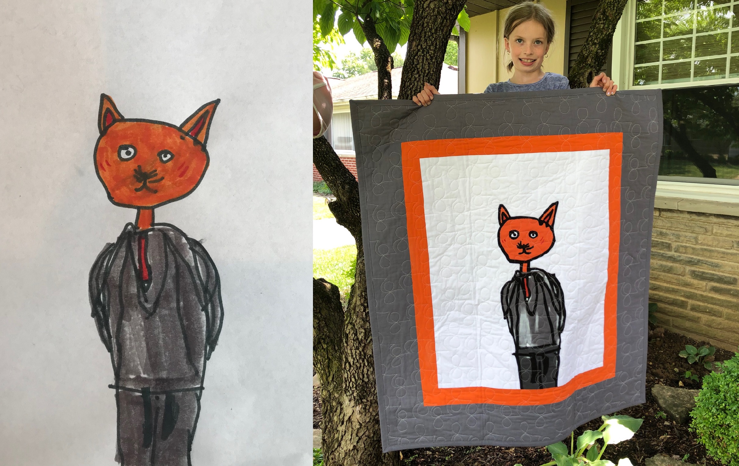 a drawing of a cat standing, wearing a suit and tie next to a photo of girl holding a quilt of the drawing.